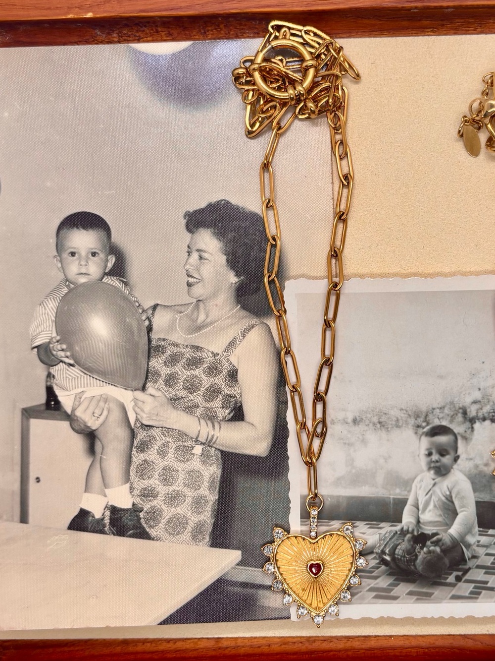 Gold Heart Pendant Necklace with Red Center